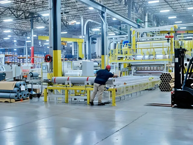 Roofing materials production line inside a manufacturing plant